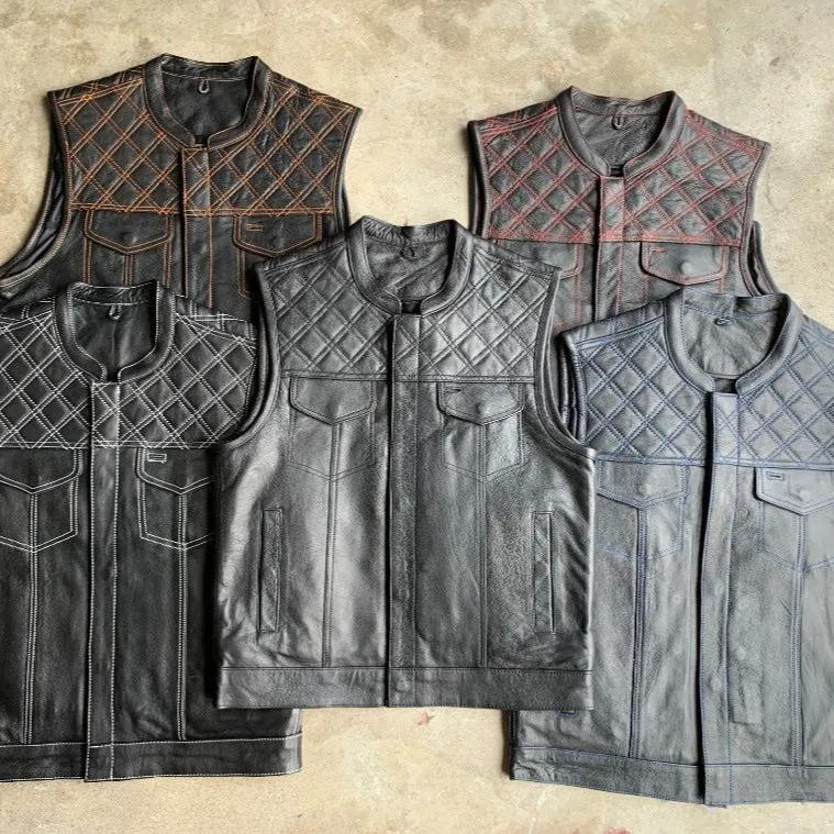 Orange Diamond - Mens Premium Leather Diamond Stitch Club Vest