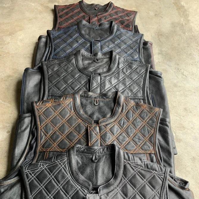 Orange Diamond - Mens Premium Leather Diamond Stitch Club Vest