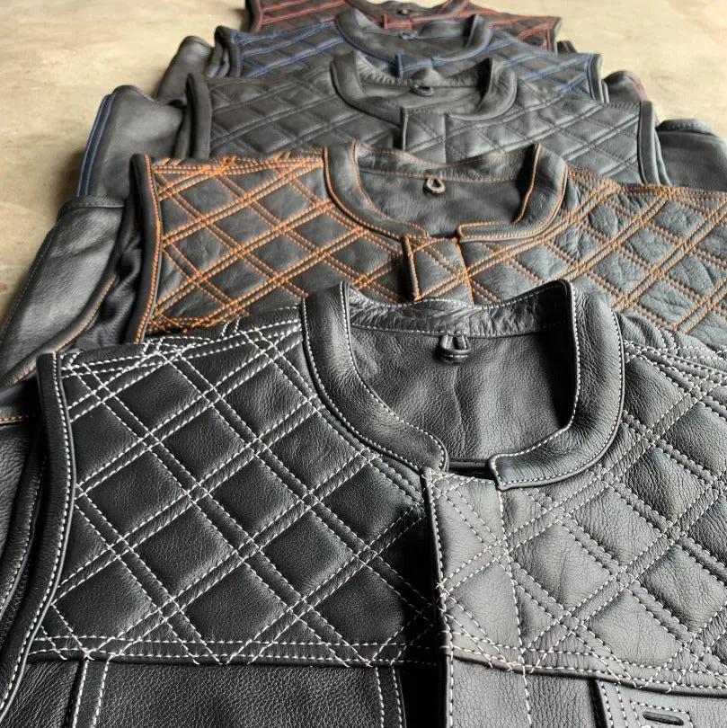 Orange Diamond - Mens Premium Leather Diamond Stitch Club Vest