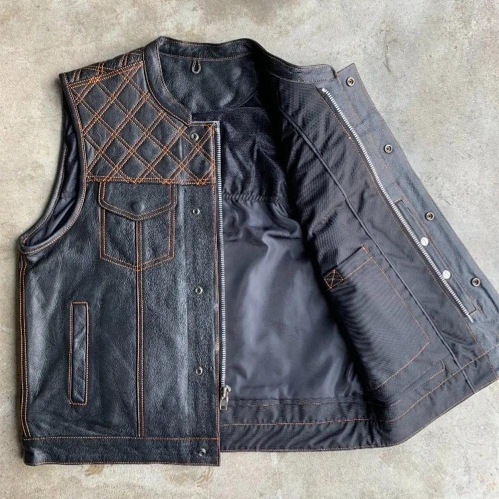 Orange Diamond - Mens Premium Leather Diamond Stitch Club Vest